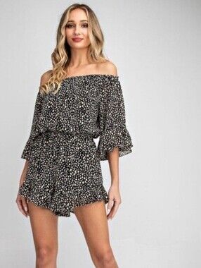 ee:some Black & Cream Spotted Off-Shoulder Ruffle Romper Size S